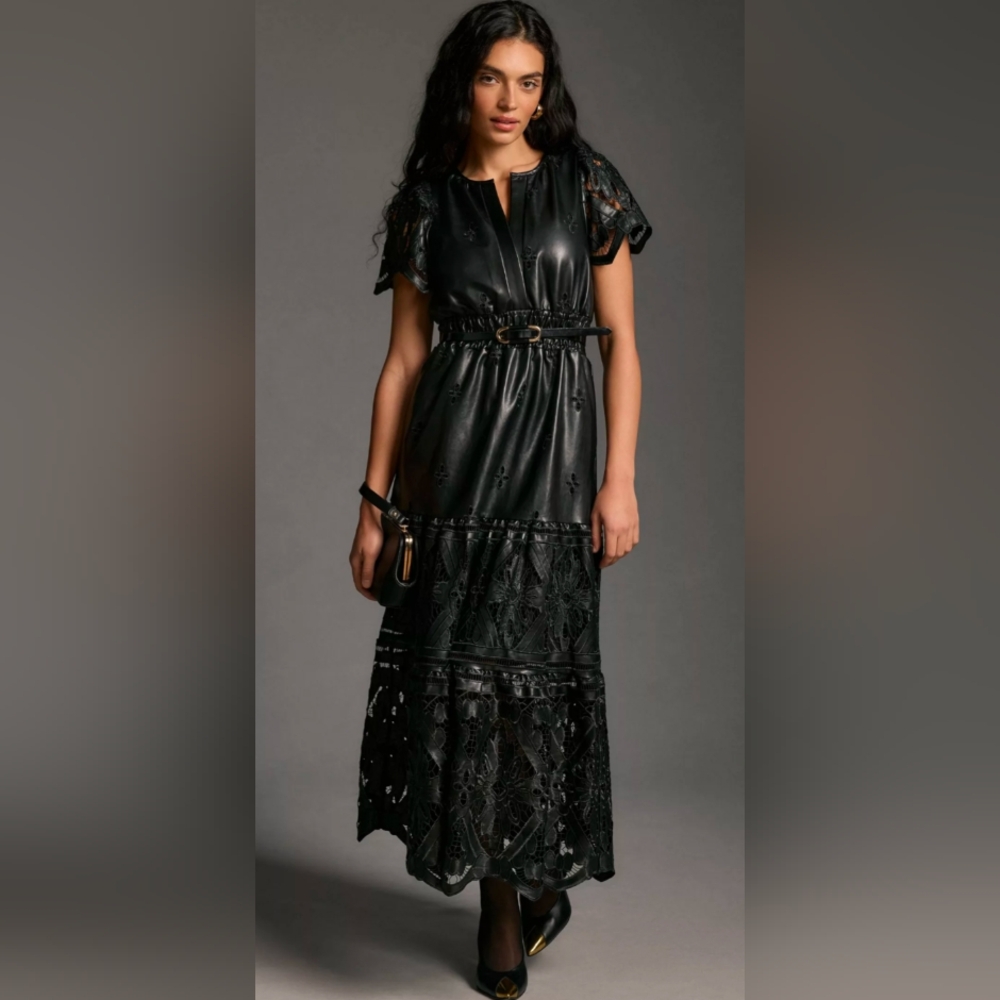 Anthropologie Somerset Faux Leather Maxi Dress XS Smock Waist Lacey Embroidery